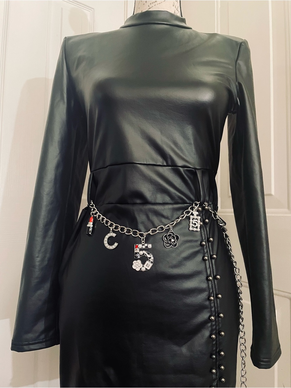 Black Crystal Charm Chain Belt for Women